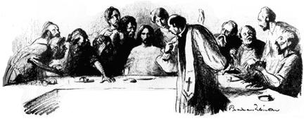 Rev. Dr. William T. Manning, Rector of Trinity Parish, New York City, had declared "Our Lord Jesus Christ does not stand for peace at any price...Every true Amercan would rather see this land face war than see her flag lowered in dishonor...I wish to say that, not only from the standpoint of a citizen, but from the standpoint of a minister of religion...I believe there is nothing that would be of such great practical benefit to us as universal military training for the men of our land." Boardman Robinson illustrated Manning's quote, showing the preacher getting a long and dirty look from Jesus and his Apostles, outraged at such militarism coming from a supposedly Christian man of the cloth.