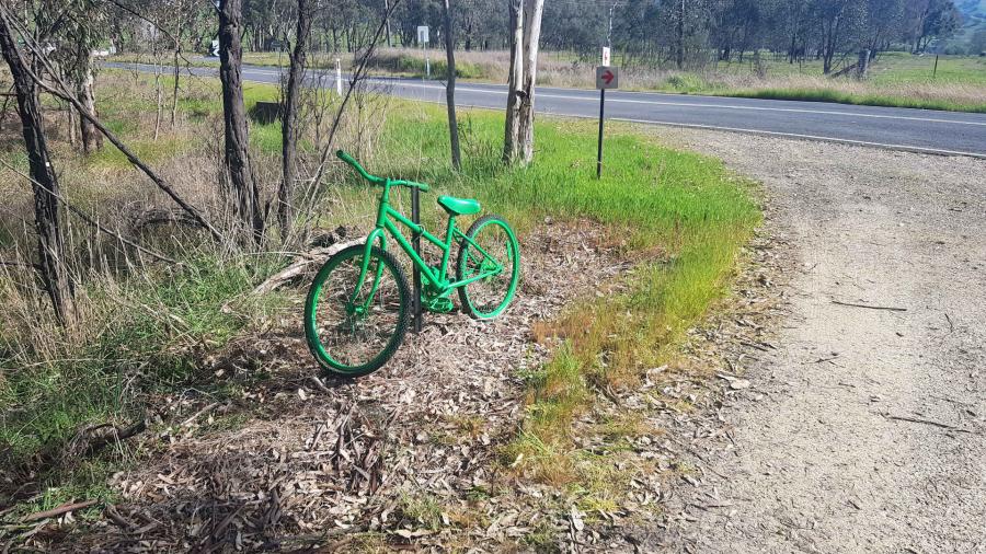 Old bicycle painted green as a trail marker